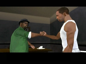 CJ e Big Smoke se cumprimentando no início da missão Big Smoke.