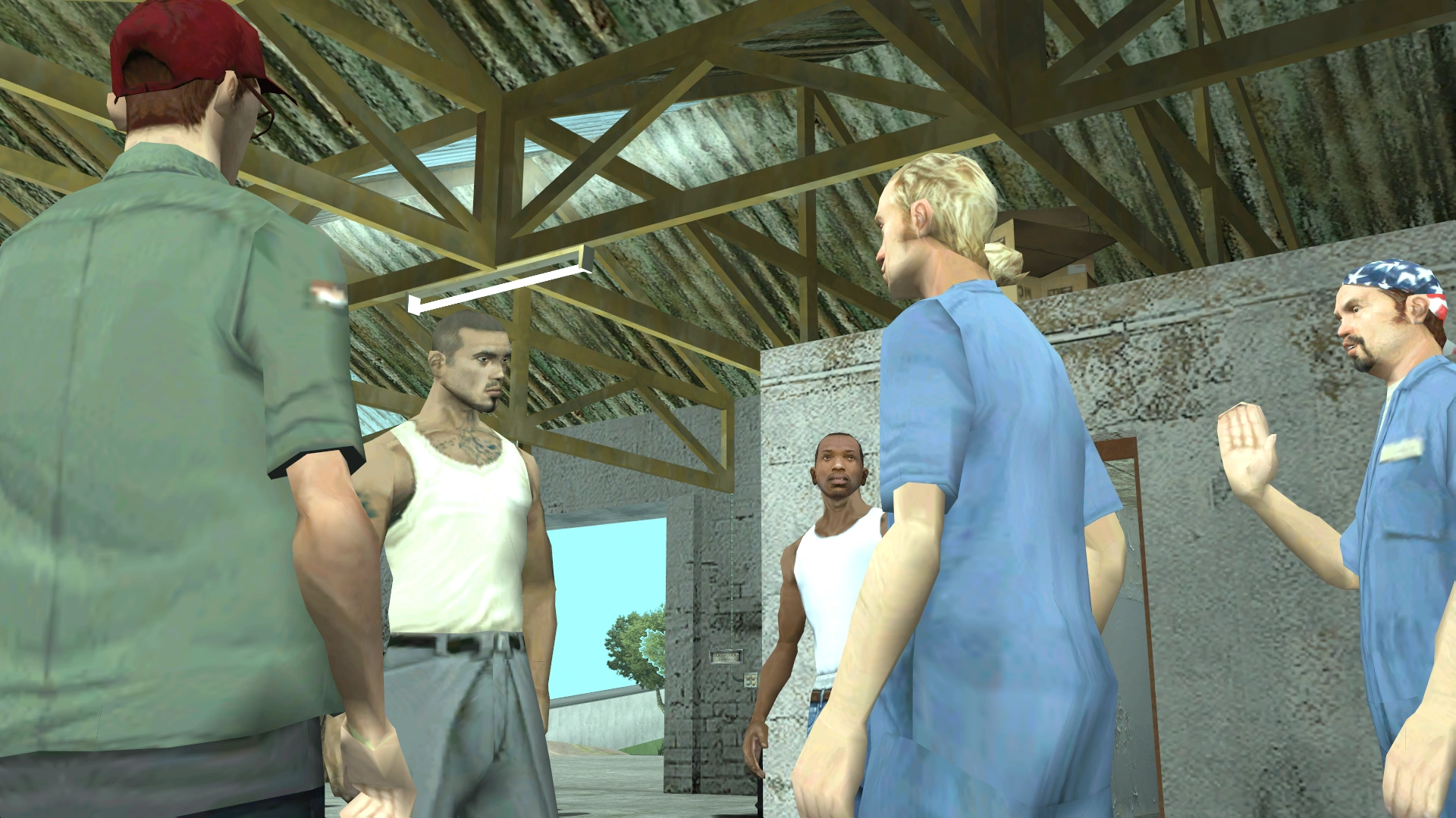 Carl Johnson, The Truth, Kendl, Dwaine, Jethro e Zero na garagem de San Fierro.
